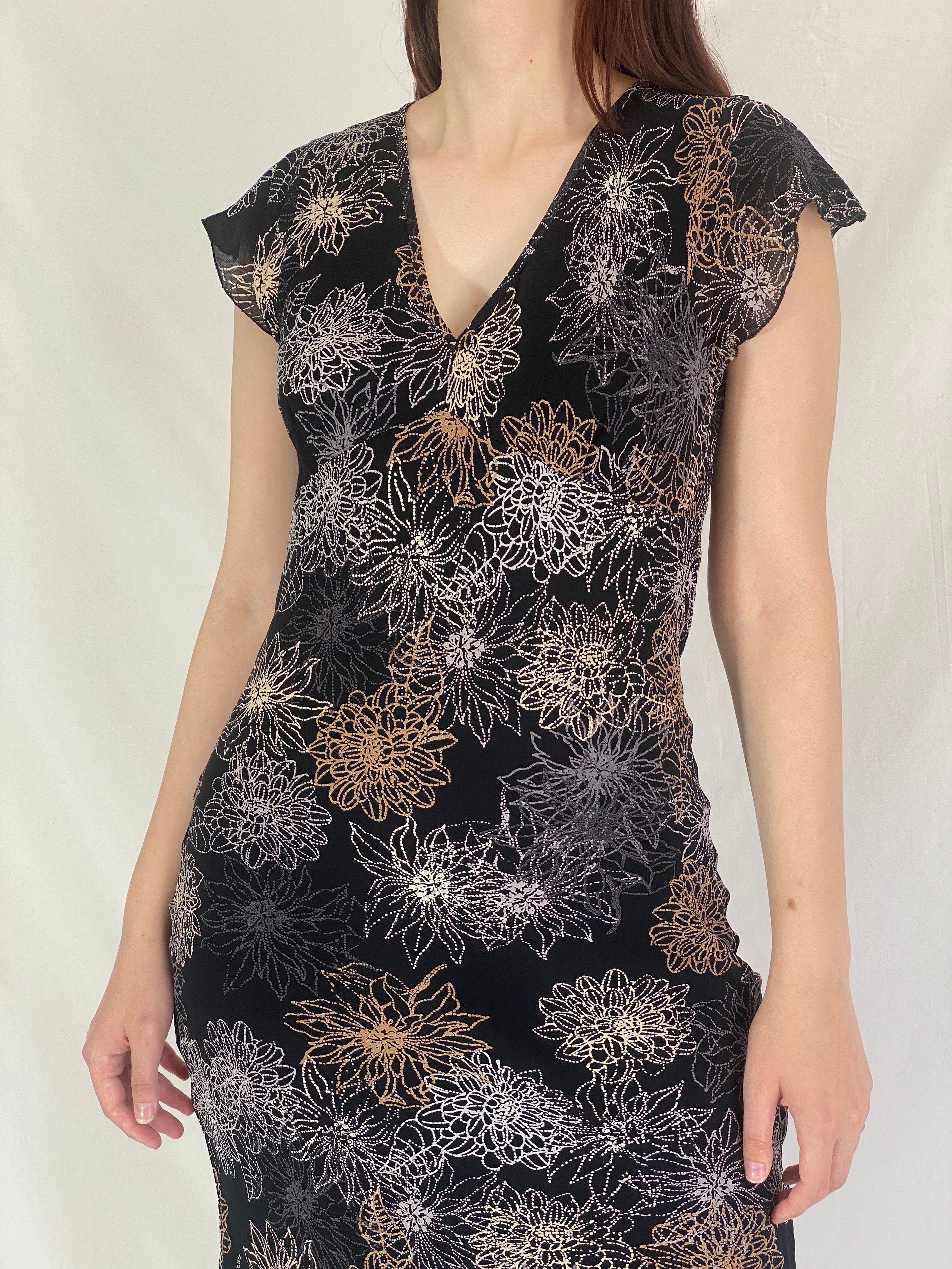 Vintage M&S Mode Black Floral Midi Dress Handkerchief Hem - S