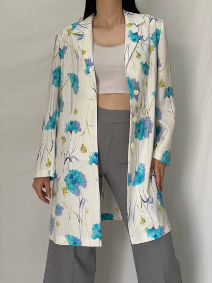 Vintage As Niobe New Line by ASM Floral Long Blazer 90s Blue Botanical Tailored Jacket - M