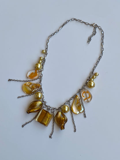 Vintage Y2K Silver-Tone Amber Glass & Faux Pearl Charm Necklace