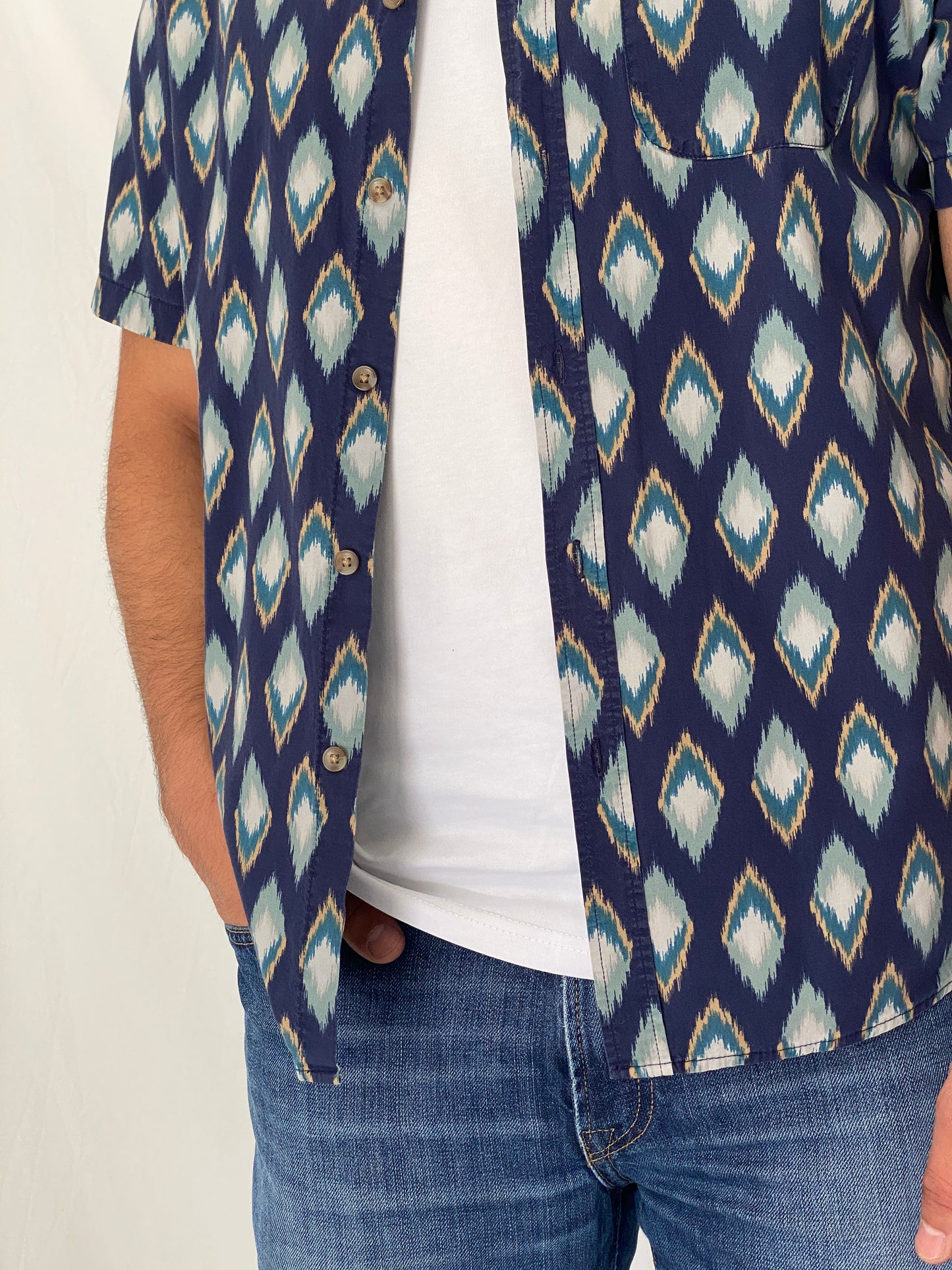 Vintage Y2K Old Navy Blue Ikat Print Button-Down Shirt - L