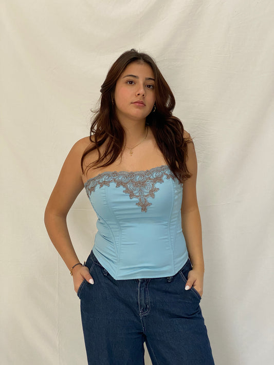 Vintage Baby Blue Strapless Corset Top Lace Trim Bustier Style Y2K Top - M