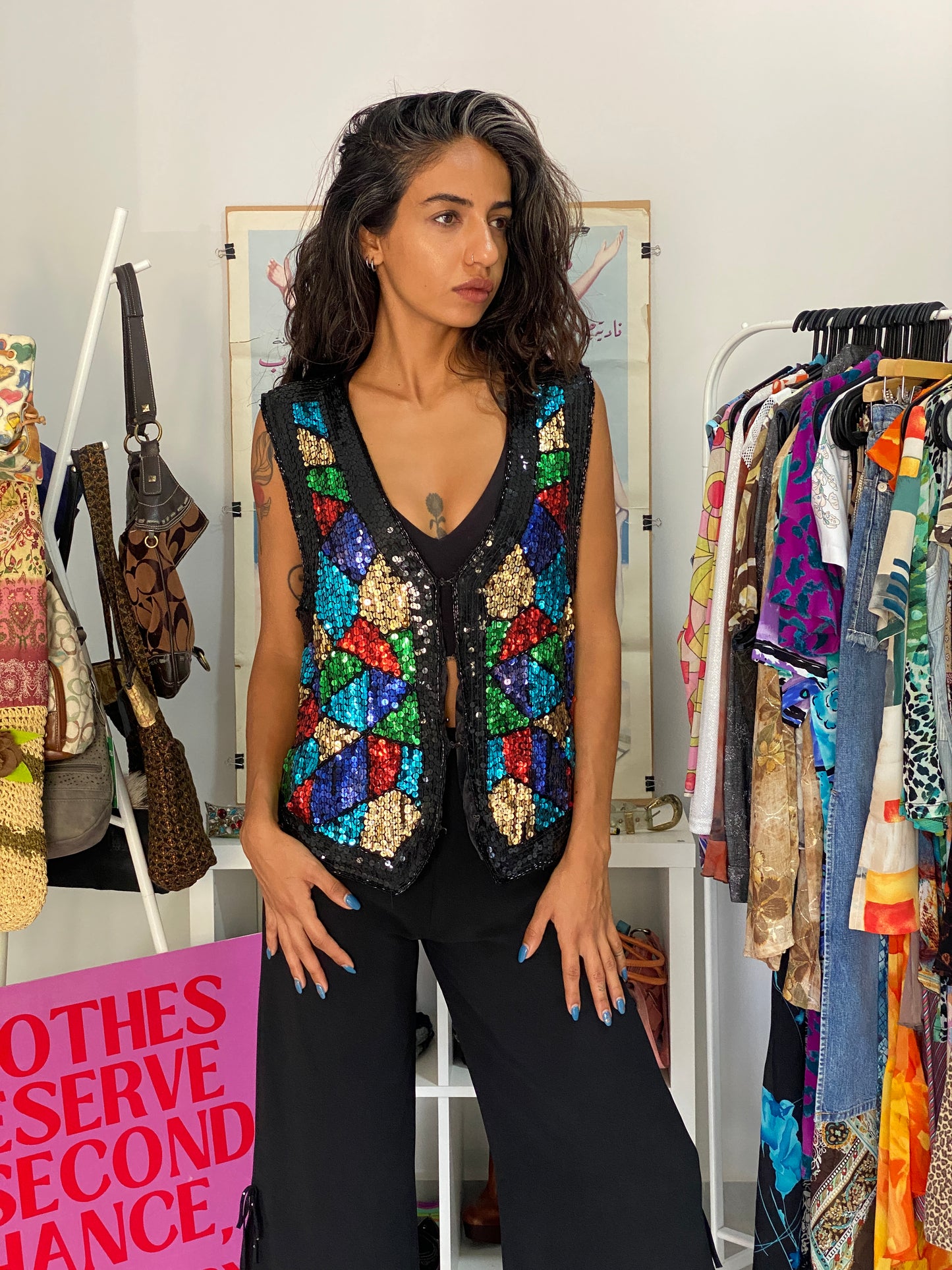 Vintage 80s AJ Bari Black Multicolor Silk Sequin Statement Vest - L