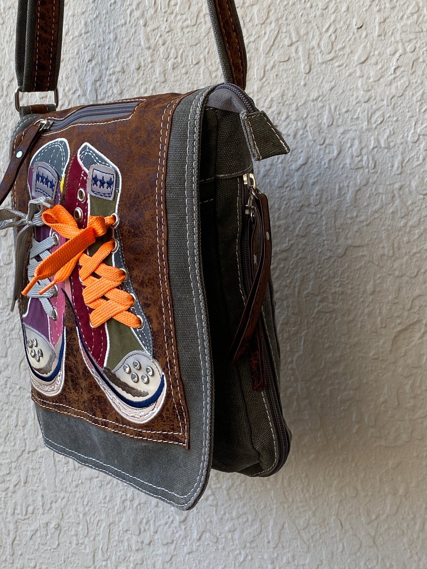 Y2K Grey Denim Faux Leather Sneaker Appliqué Crossbody Bag
