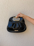 Vintage Nine West Croc-Embossed Faux Patent Leather Black Clutch Bag with Cutout Handle