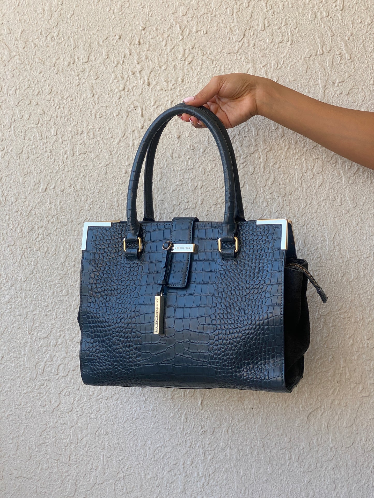 Tommy Hilfiger Navy Croc-Embossed Structured Tote