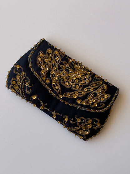 Vintage Black & Gold Beaded Embroidered Evening Mini Clutch Bag