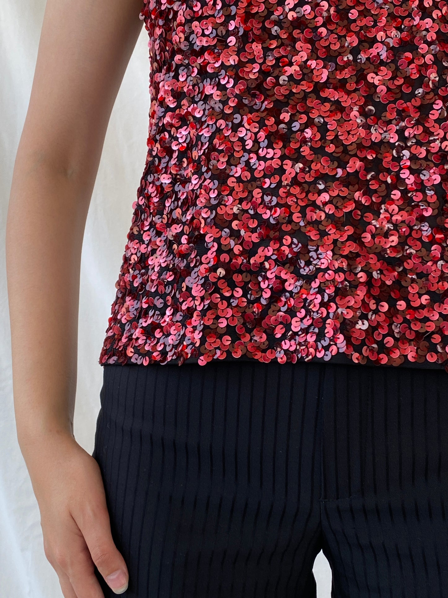 Vintage Vera Mont France Sequin Red Evening Top Sleeveless Party Tank Top - L