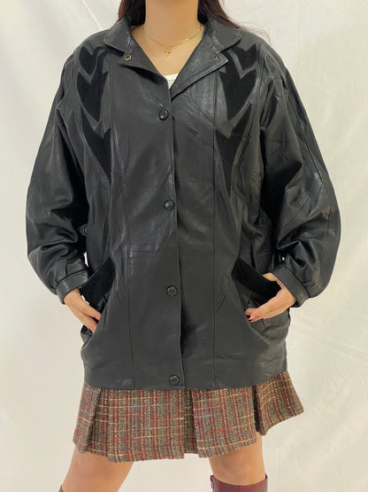 Vintage Oversized Fit Ferpele Black Leather Coat with Graphic Panel Details - M