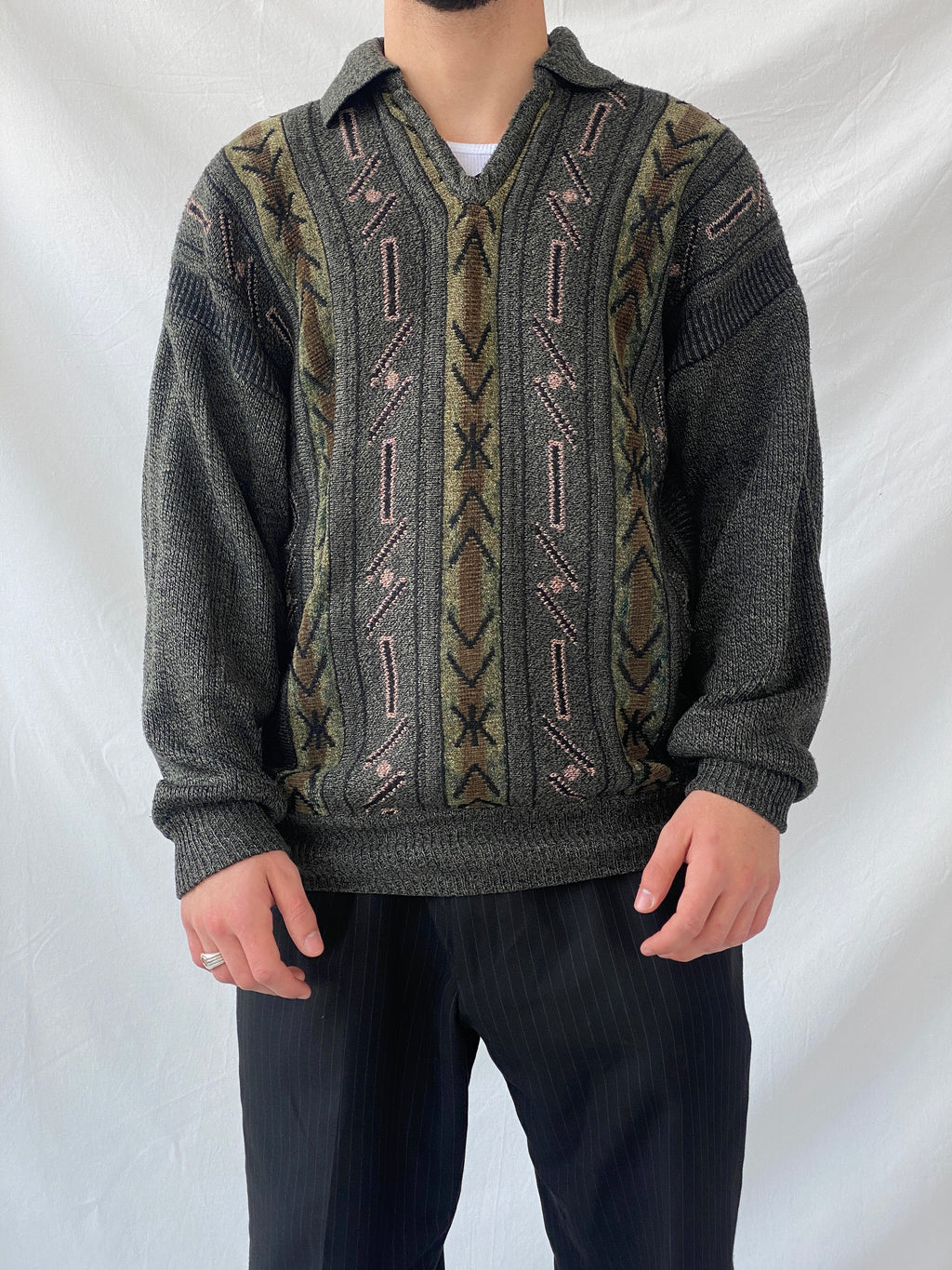 Vintage Men’s Green Knitted Crew Neck Geometric Jumper Sweater - L