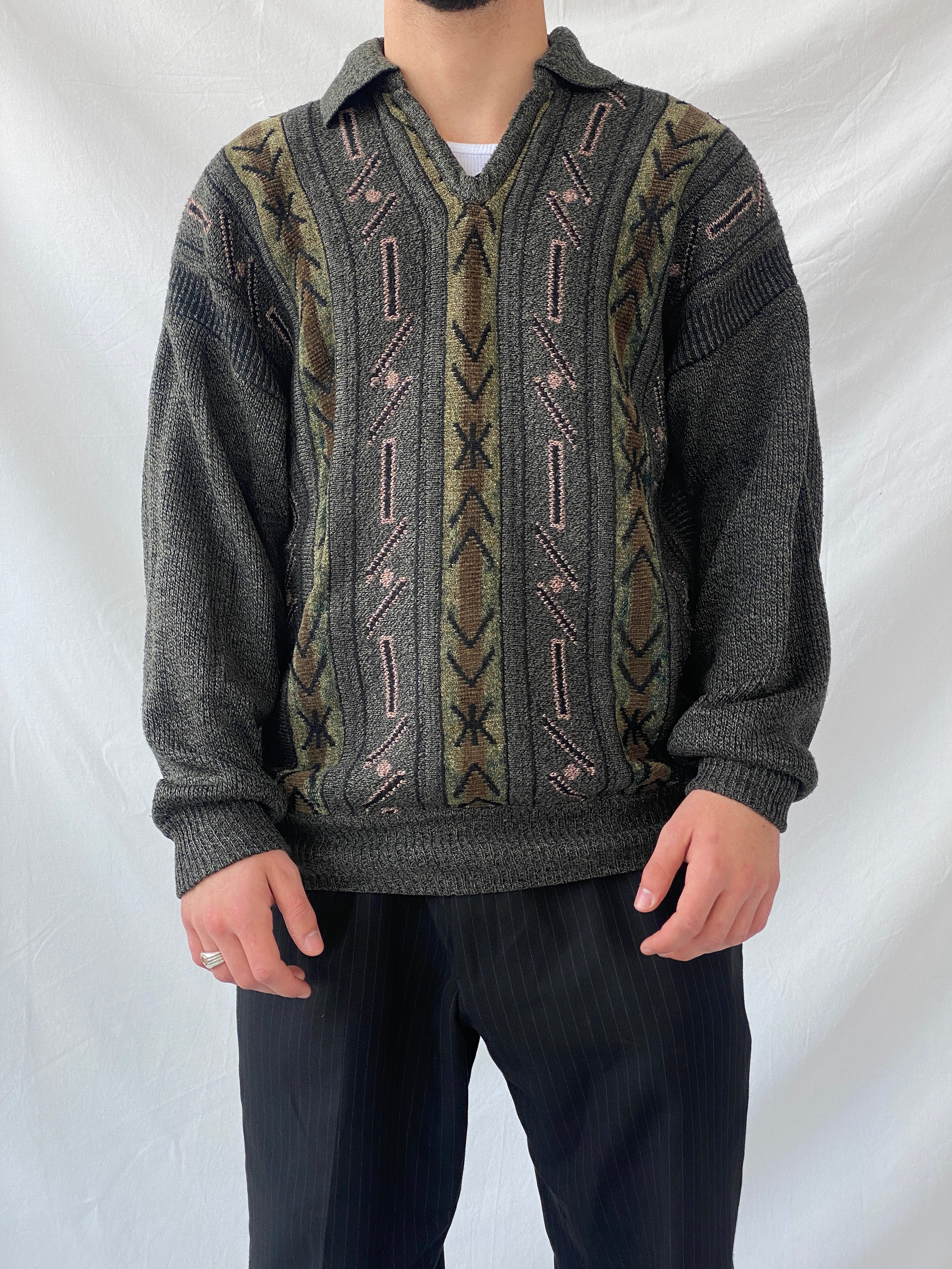 Vintage Men’s Green Knitted Crew Neck Geometric Jumper Sweater - L