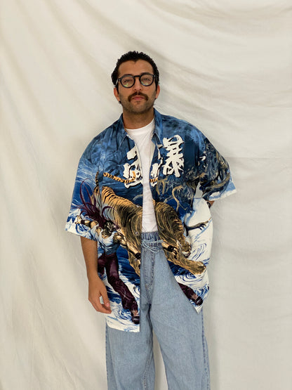 Vintage Billionbay Japanese Tiger Graphic Shirt Blue Y2K Anime Streetwear Button Up Camp Shirt - XL