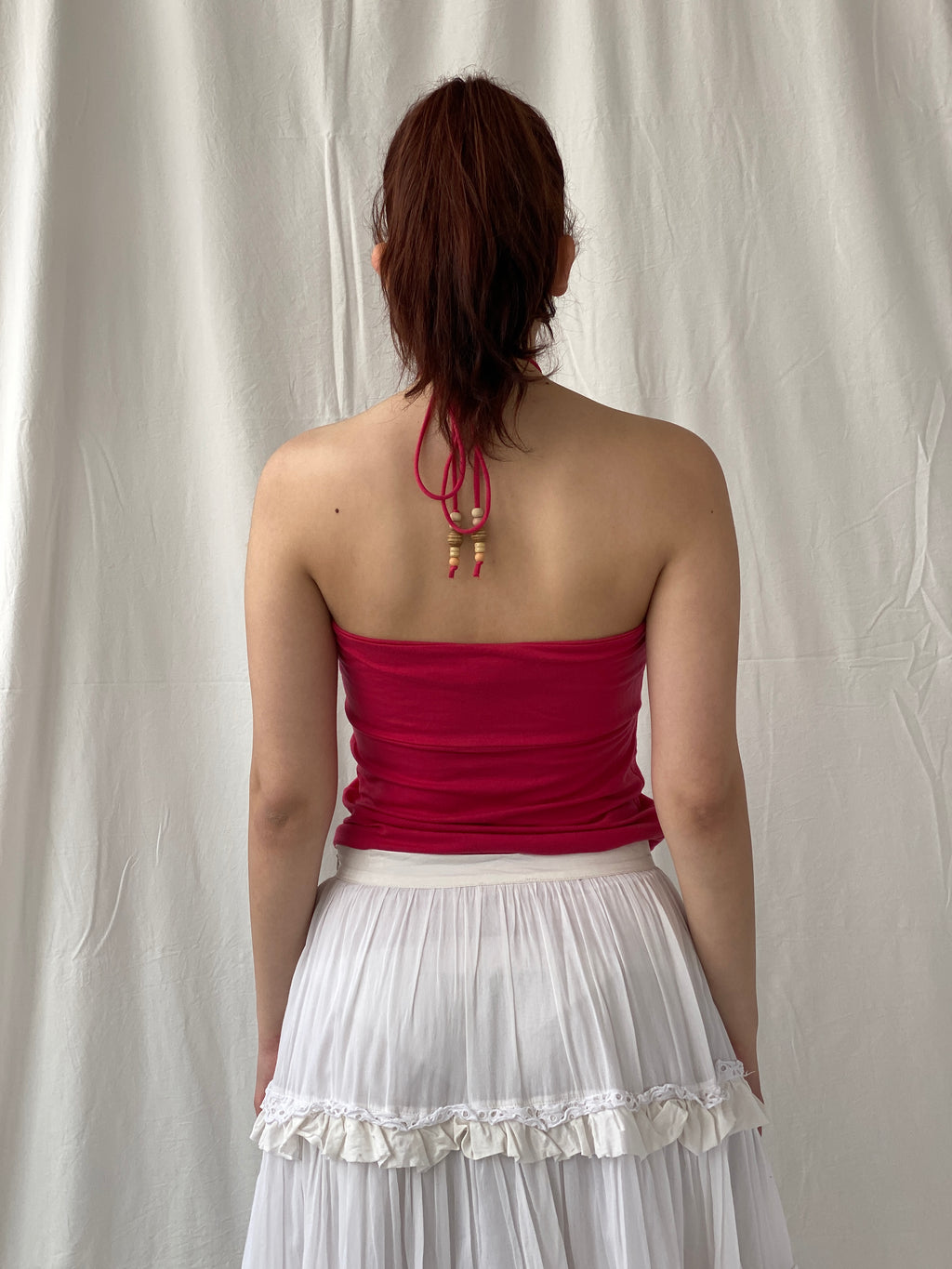 2004 Y2K Gap Stretch Pink Halter Top with Wooden Beads - M