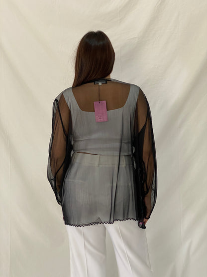 Vintage MISSION Black Sheer Beaded Cardigan Iridescent Sequin Trim Kimono - XL