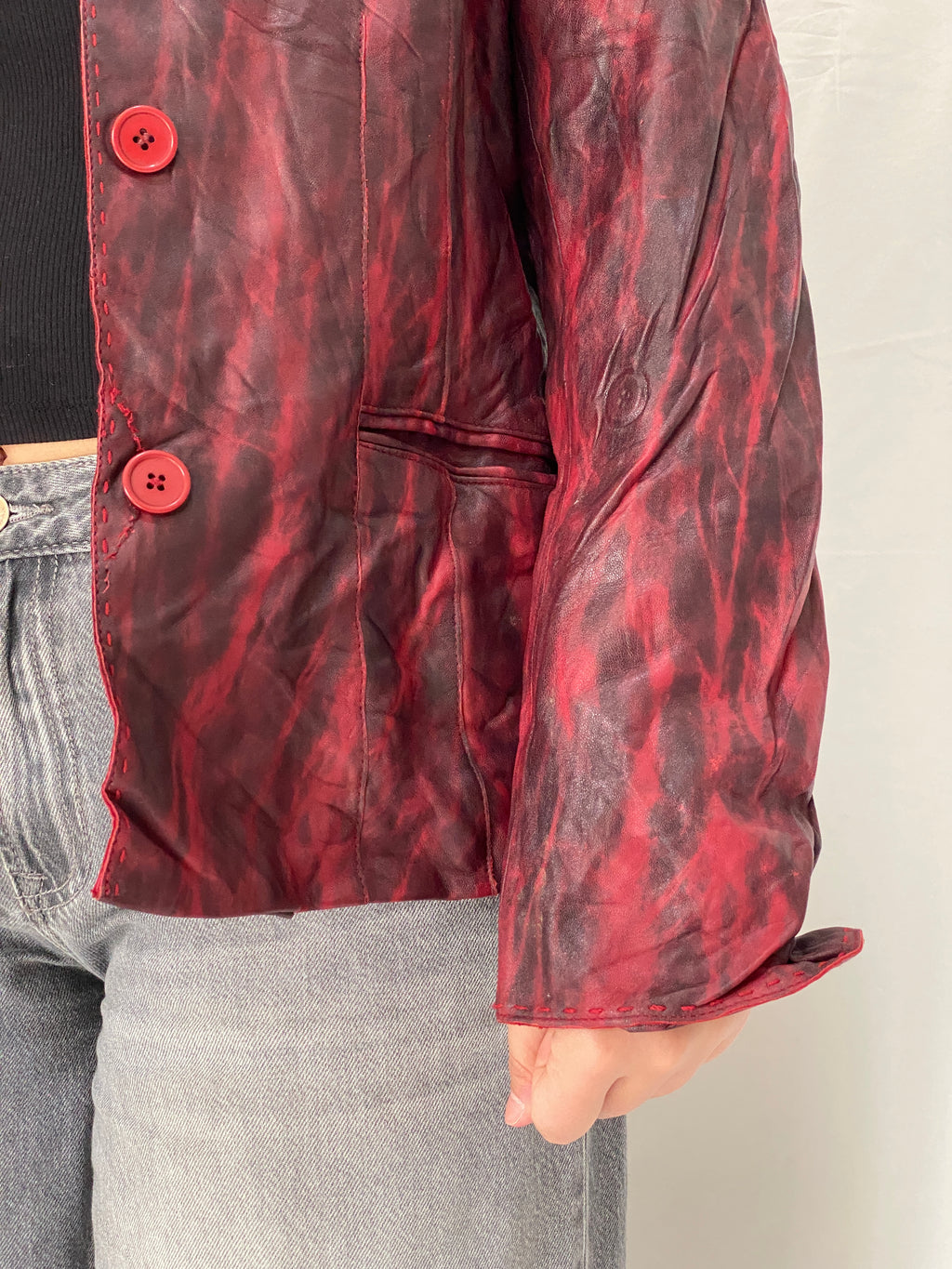 Vintage Mafecco Distressed Red Black Genuine Leather Blazer Jacket - M