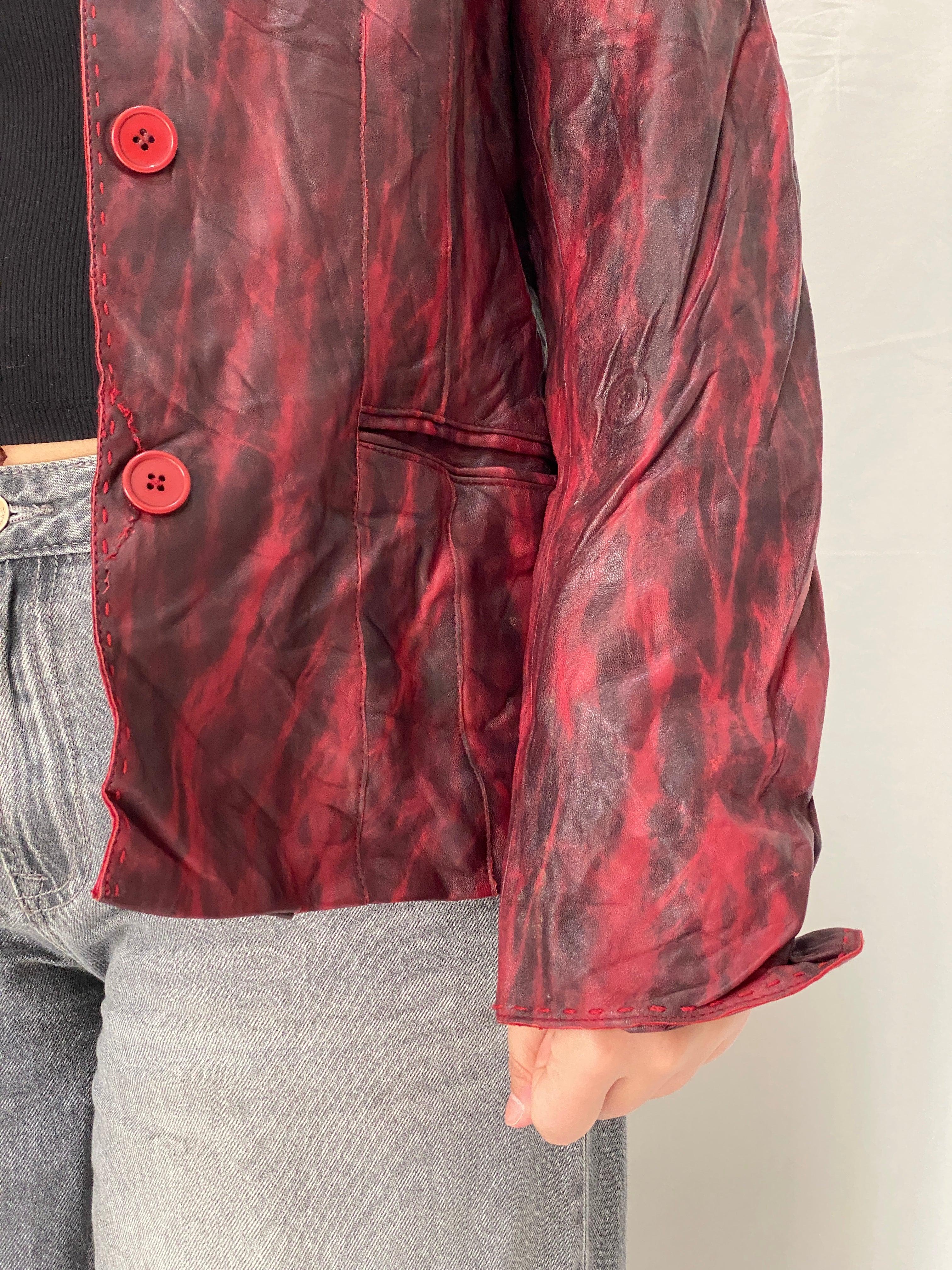 Vintage Mafecco Distressed Red Black Genuine Leather Blazer Jacket - M