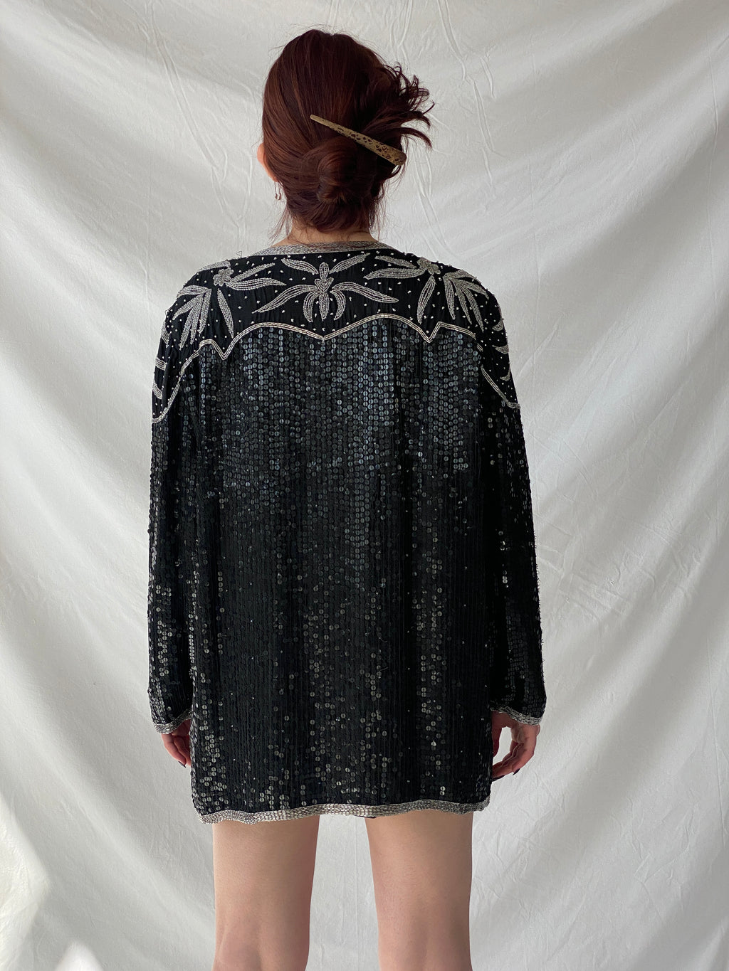 Vintage 80s Midnight Run Black Silver Sequin Beaded Silk Blazer Sparkle Party Jacket - XL