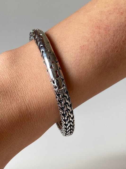 Silver-Tone Woven Chain Link Open Cuff Bracelet Textured Statement Bangle