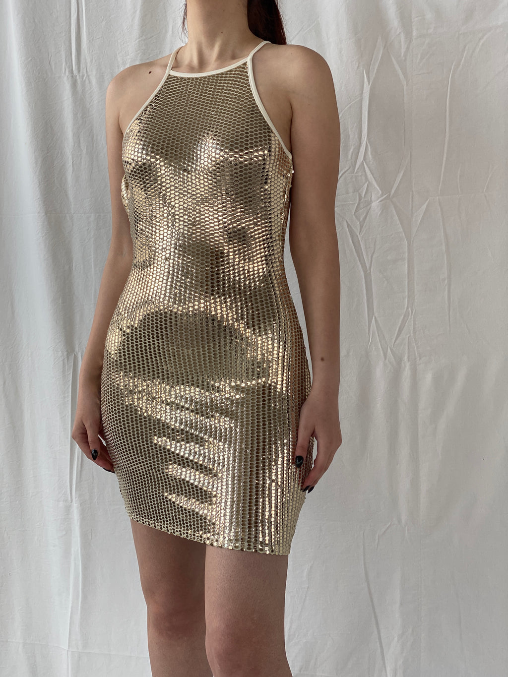 Missguided Gold Sequin Halter Neck Open Back Party Dress - S