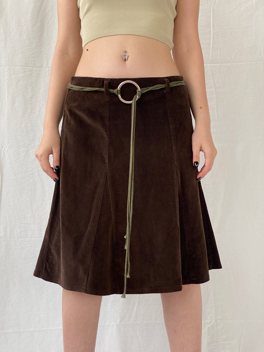 90s Pescara Brown Corduroy Midi Skirt with Rope Tie Belt - M