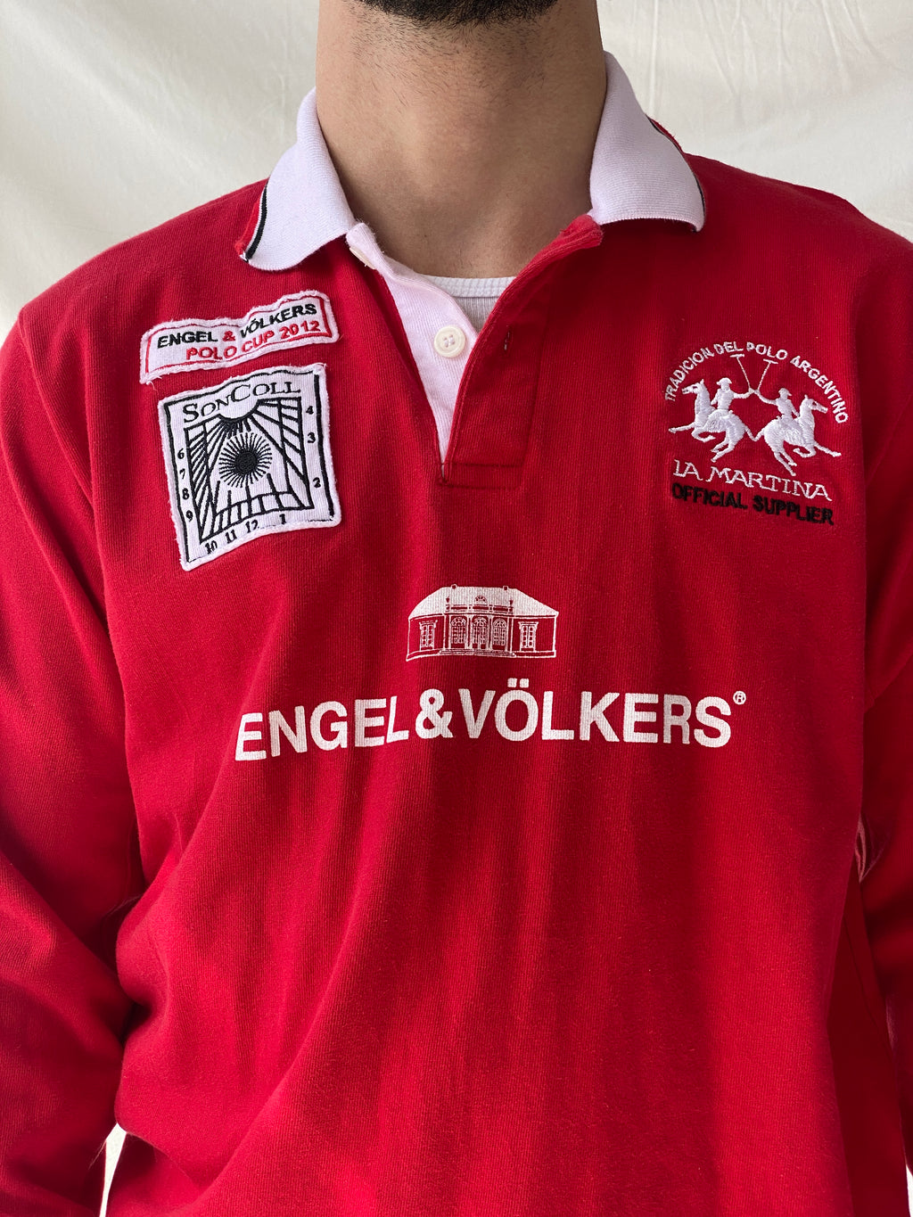 قميص بولو إنجل آند فولكرز 2012 بولو كاب أحمر بأكمام طويلة من القطن - مقاس متوسط