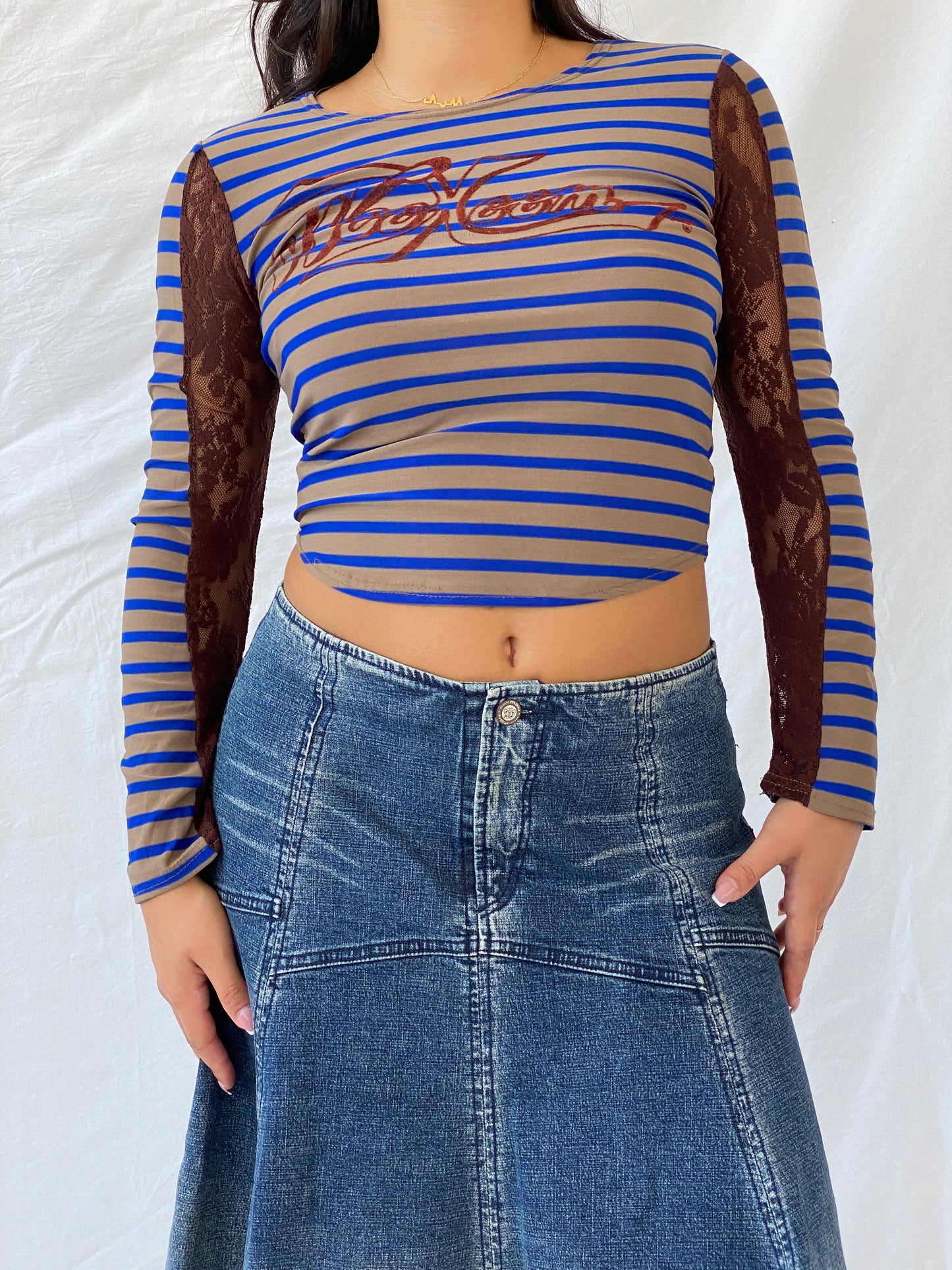 Y2K WooXooM Paris Designer Striped Top with Lace Details - S