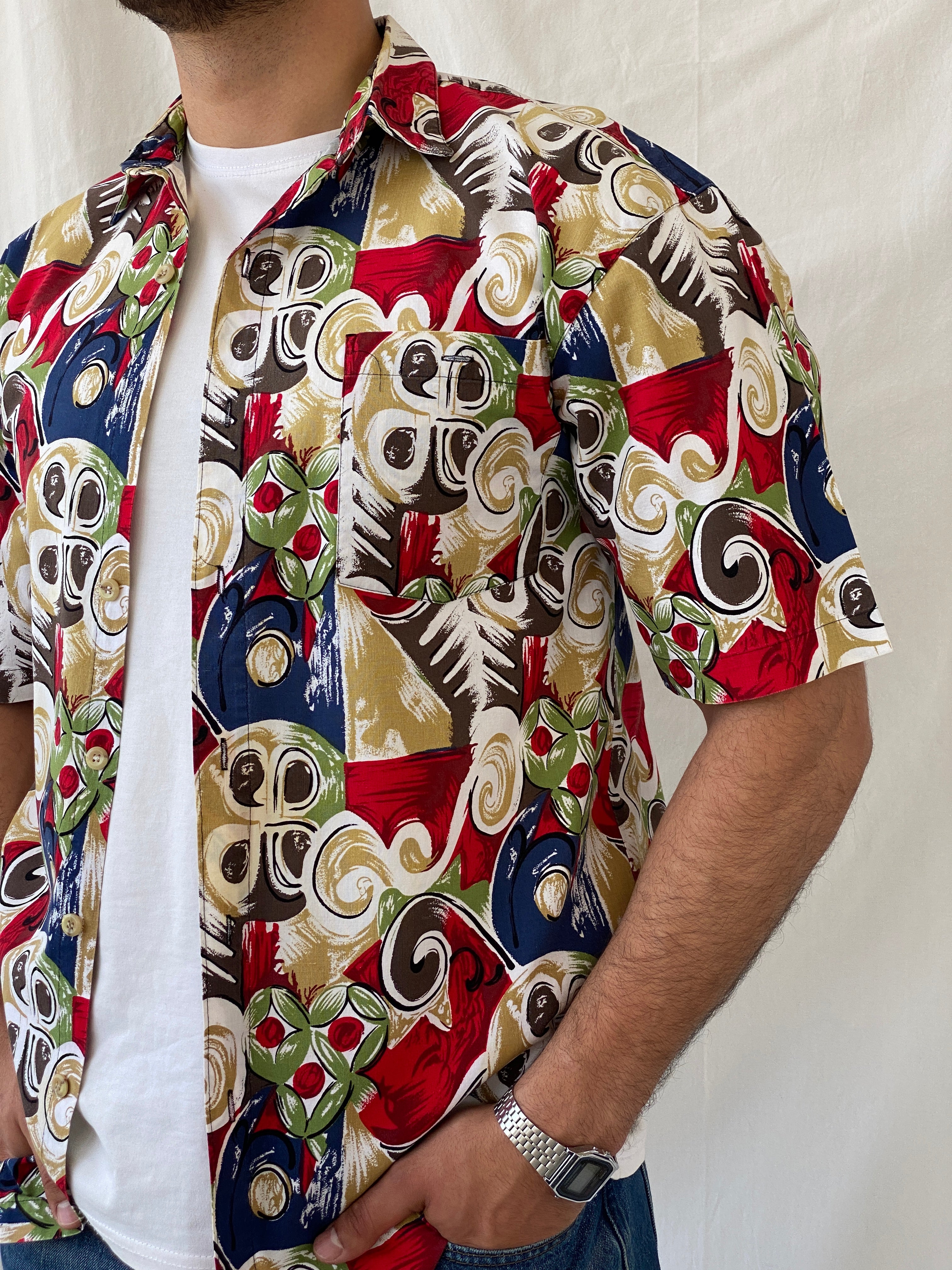 Vintage 90s The Design Crew Men’s Short Sleeve Abstract Multi-color Cotton Shirt - M