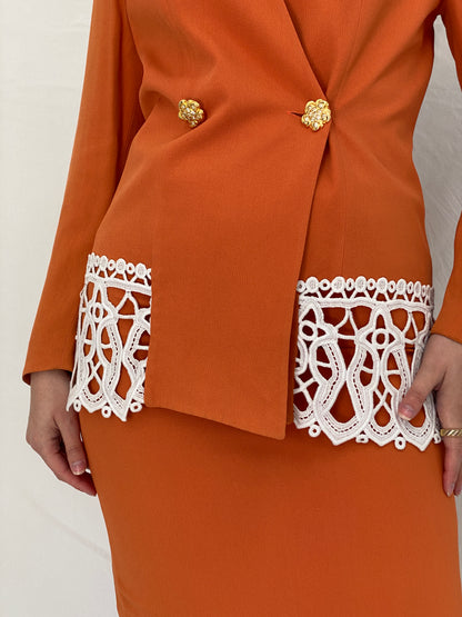 Statement Vintage Luigi Bruno Italian Orange Skirt Suit Set Tailored Blazer & Pencil Skirt - S