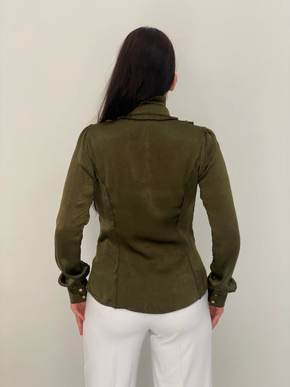 Goldie Estelle Olive Green Long Sleeve Shirt Ruffle Bow Blouse – M