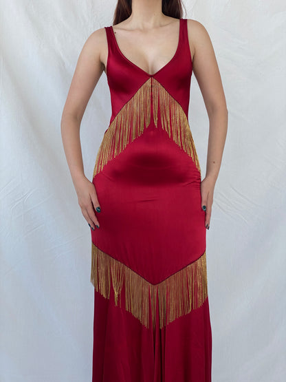 Absolutely Beautiful Ranjana Khan Burgundy Silk Gold Metal Fringe Sleeveless V-Neck Gown - S