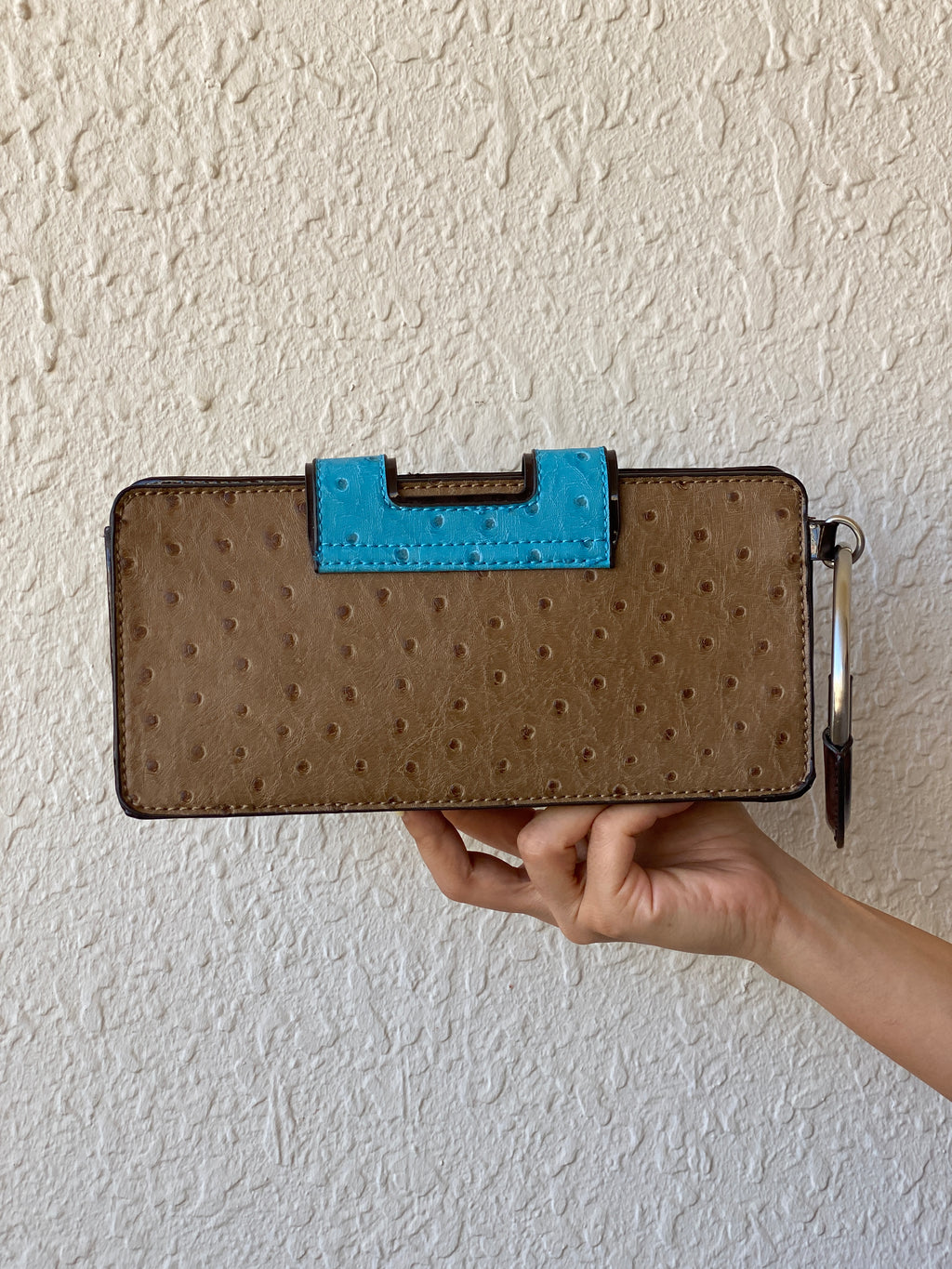 The Limited Ostrich-Embossed Clutch Bag – Tan & Turquoise with Metal Handle
