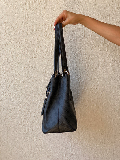 Vintage Y2K GUESS Black Monogram Logo Structured Tote Shoulder Bag