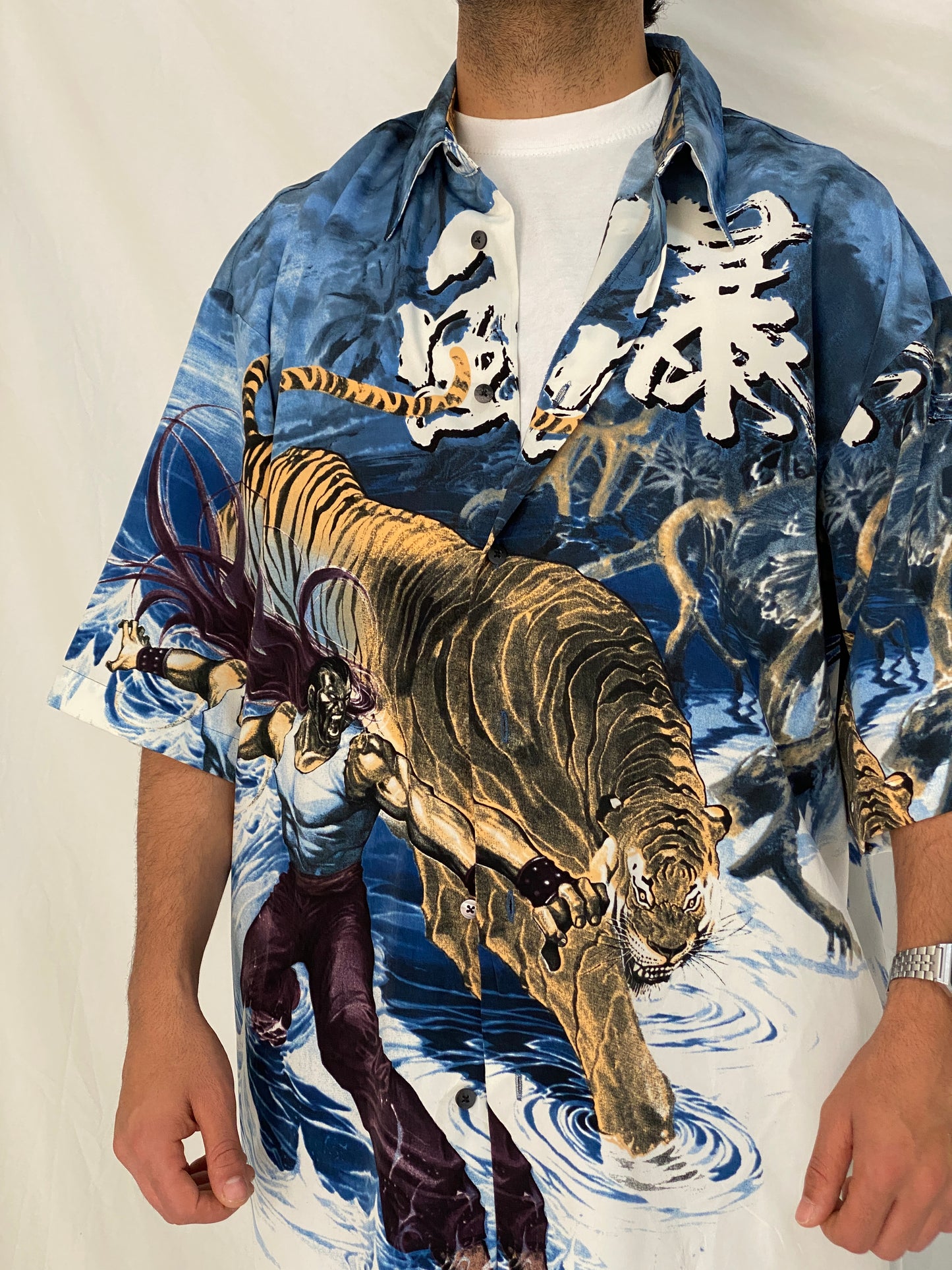 Vintage Billionbay Japanese Tiger Graphic Shirt Blue Y2K Anime Streetwear Button Up Camp Shirt - XL