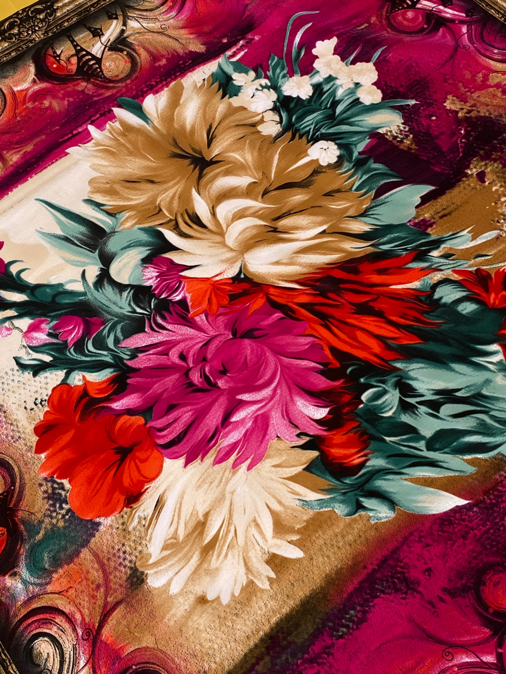 ARMEN Golden Floral Baroque Style Satin Silk Square Scarf