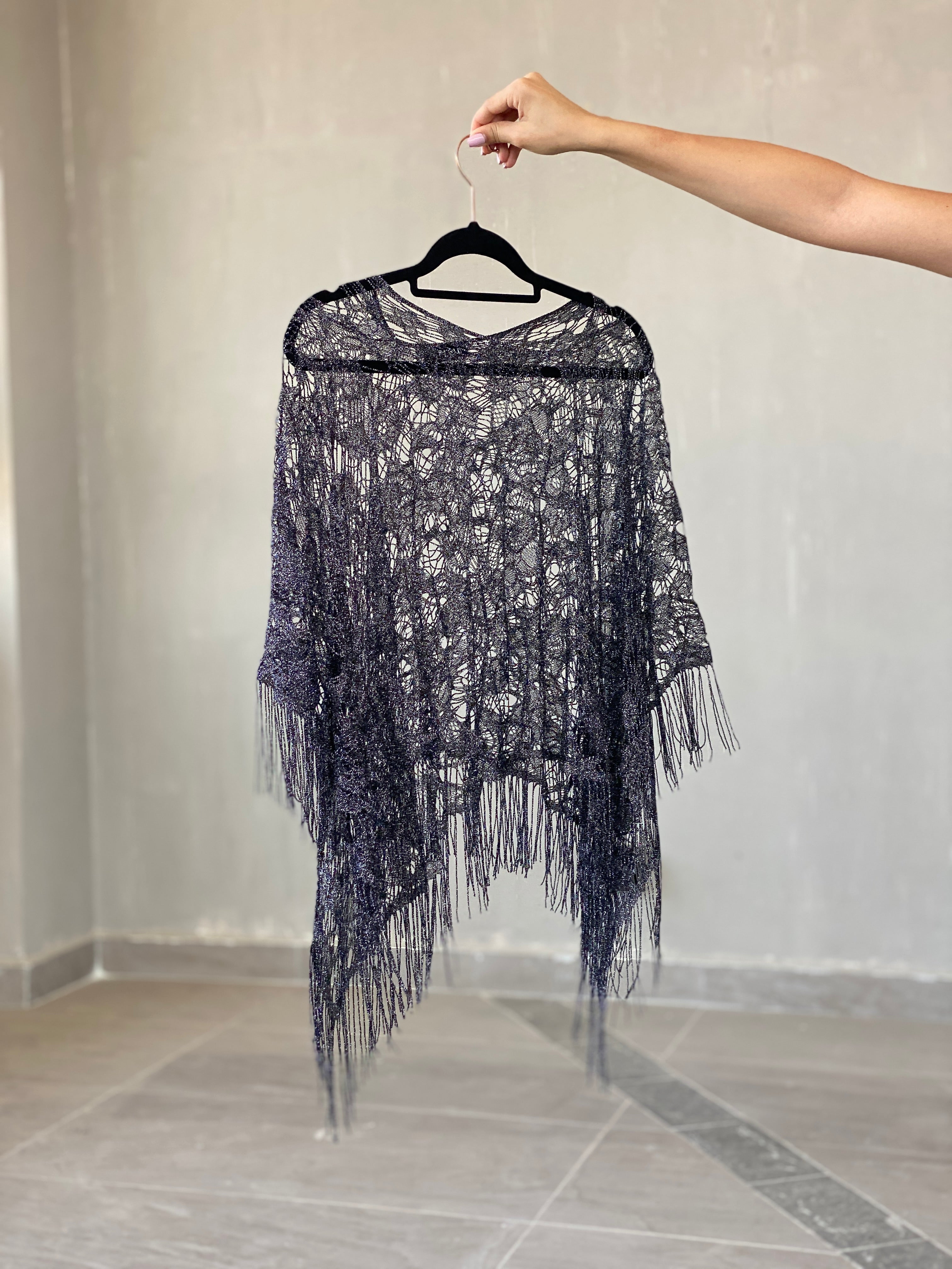 Rare Vintage Tabloid Metallic Black Knit Fringe Poncho – Sheer Boho Festival Shawl