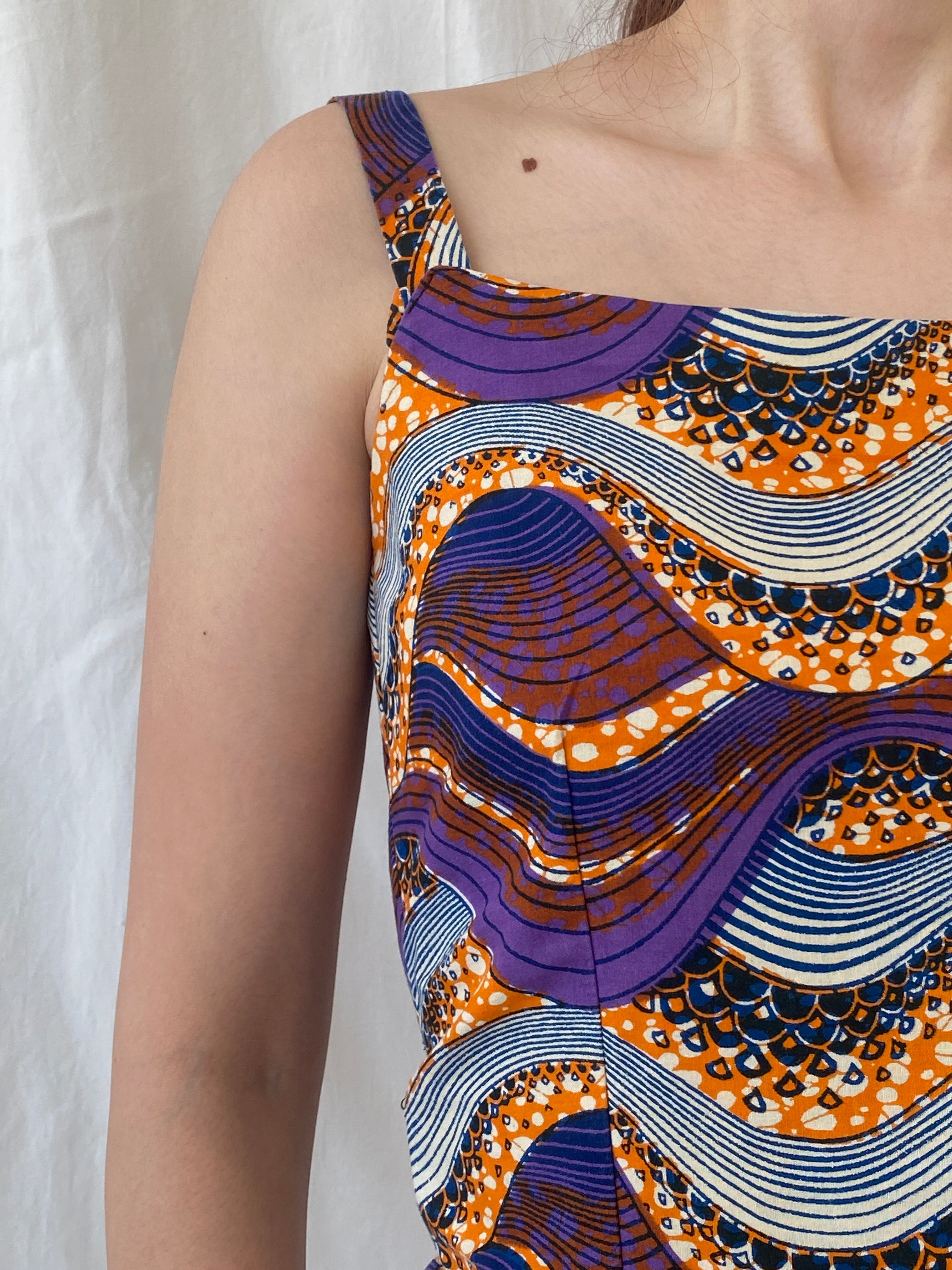 Vintage Handmade Ethnic African Print Purple Orange Midi Sleeveless Dress with Matching Bolero - S