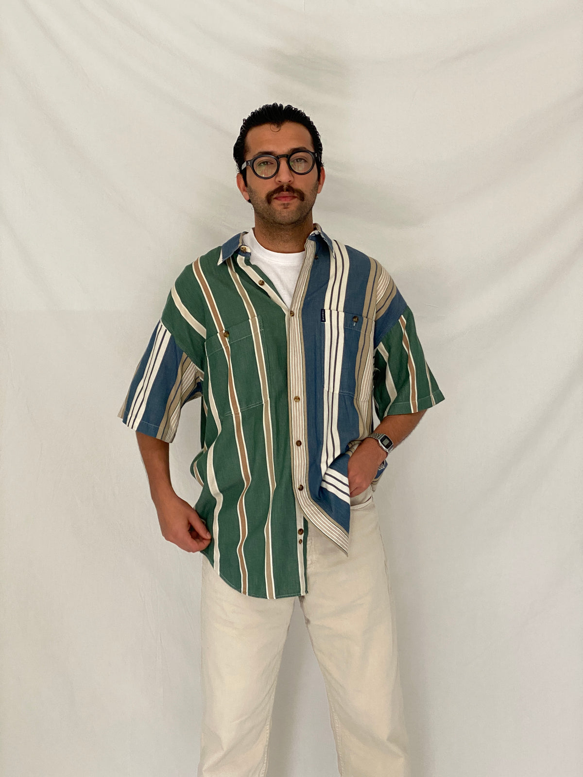 Vintage 90s Chaps Ralph Lauren Green Blue Striped Cotton Shirt - L Vintage 90s Chaps Ralph Lauren Green Blue Striped Cotton Shirt - L