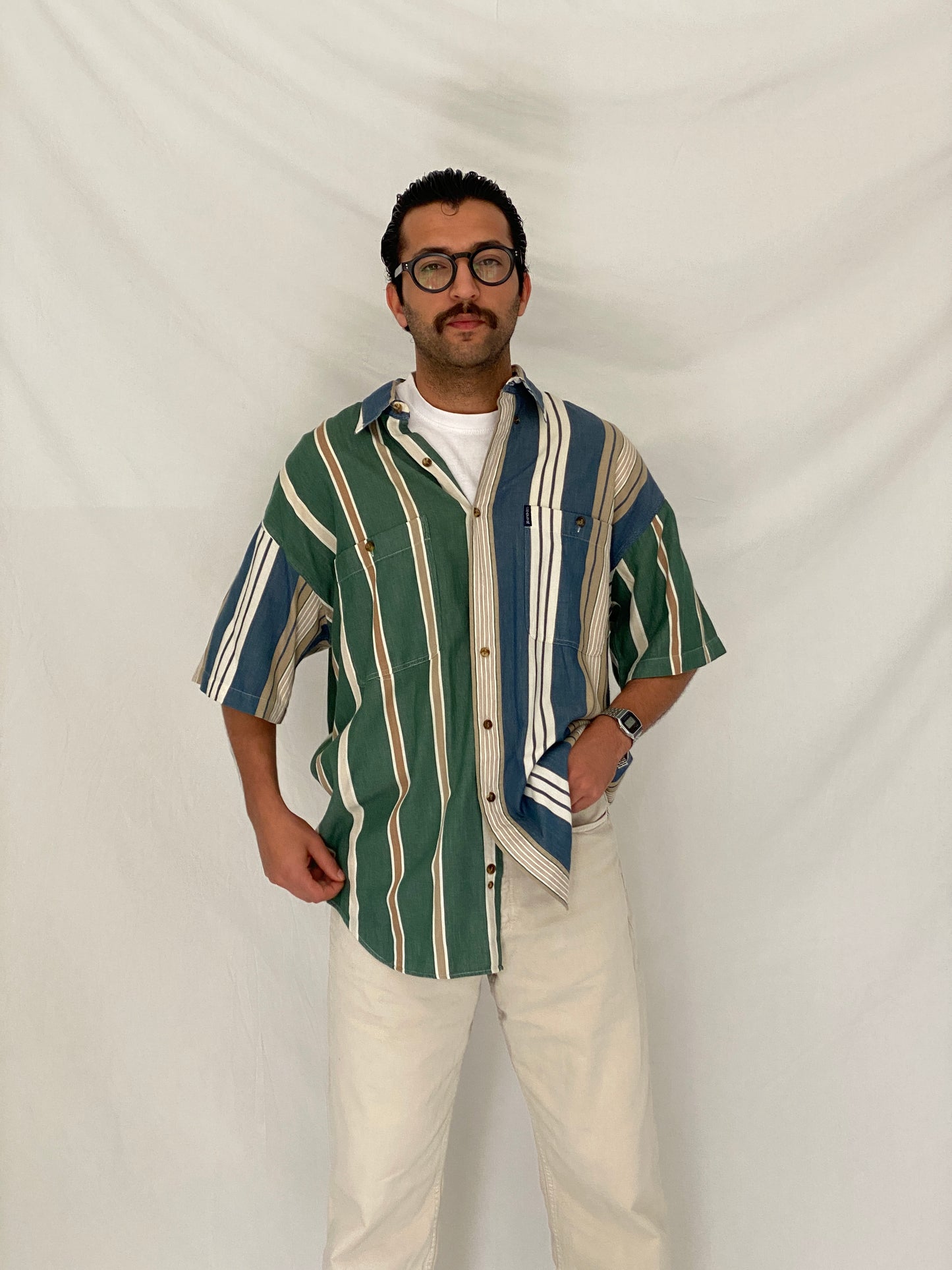 Vintage 90s Chaps Ralph Lauren Green Blue Striped Cotton Shirt - L