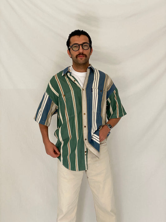 Vintage 90s Chaps Ralph Lauren Green Blue Striped Cotton Shirt - L