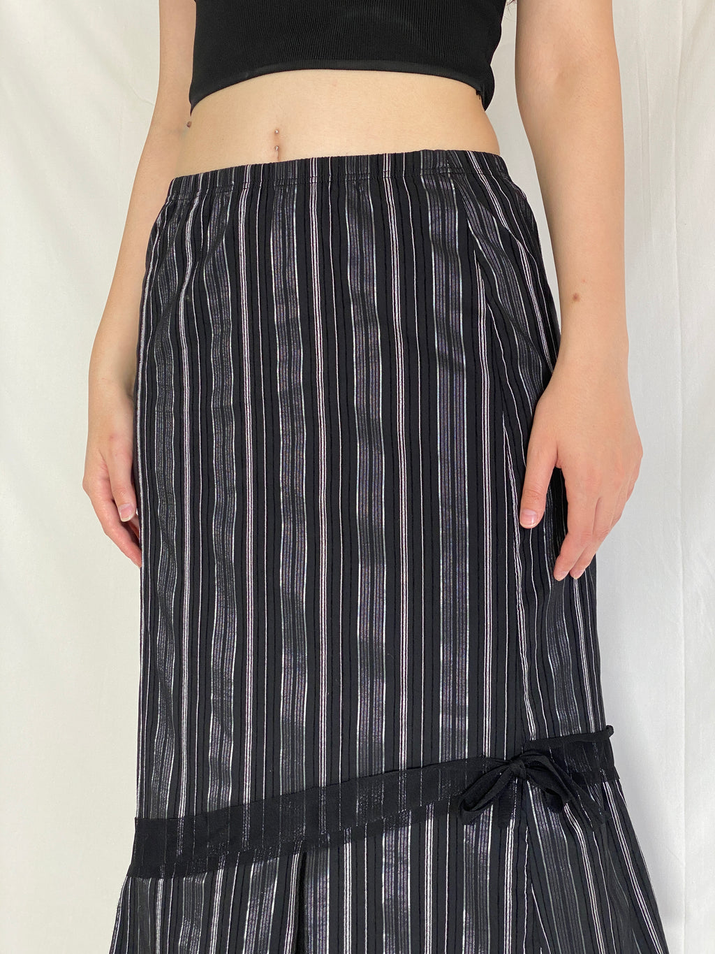 Vintage Wearhouse Black Silver Midi Striped Sheer Mesh Hem Whimsygoth Skirt - M