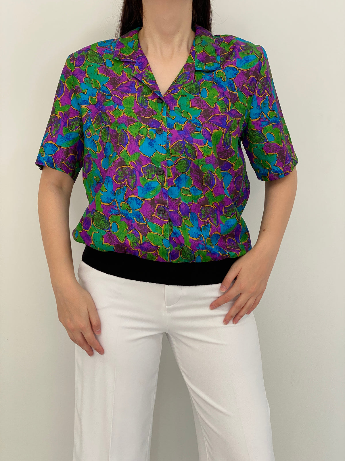 Vintage 80s Gianna Jewel Tone Floral Print Short Sleeve Blouse - M