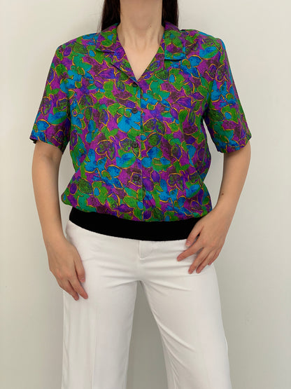 Vintage 80s Gianna Jewel Tone Floral Print Short Sleeve Blouse - M