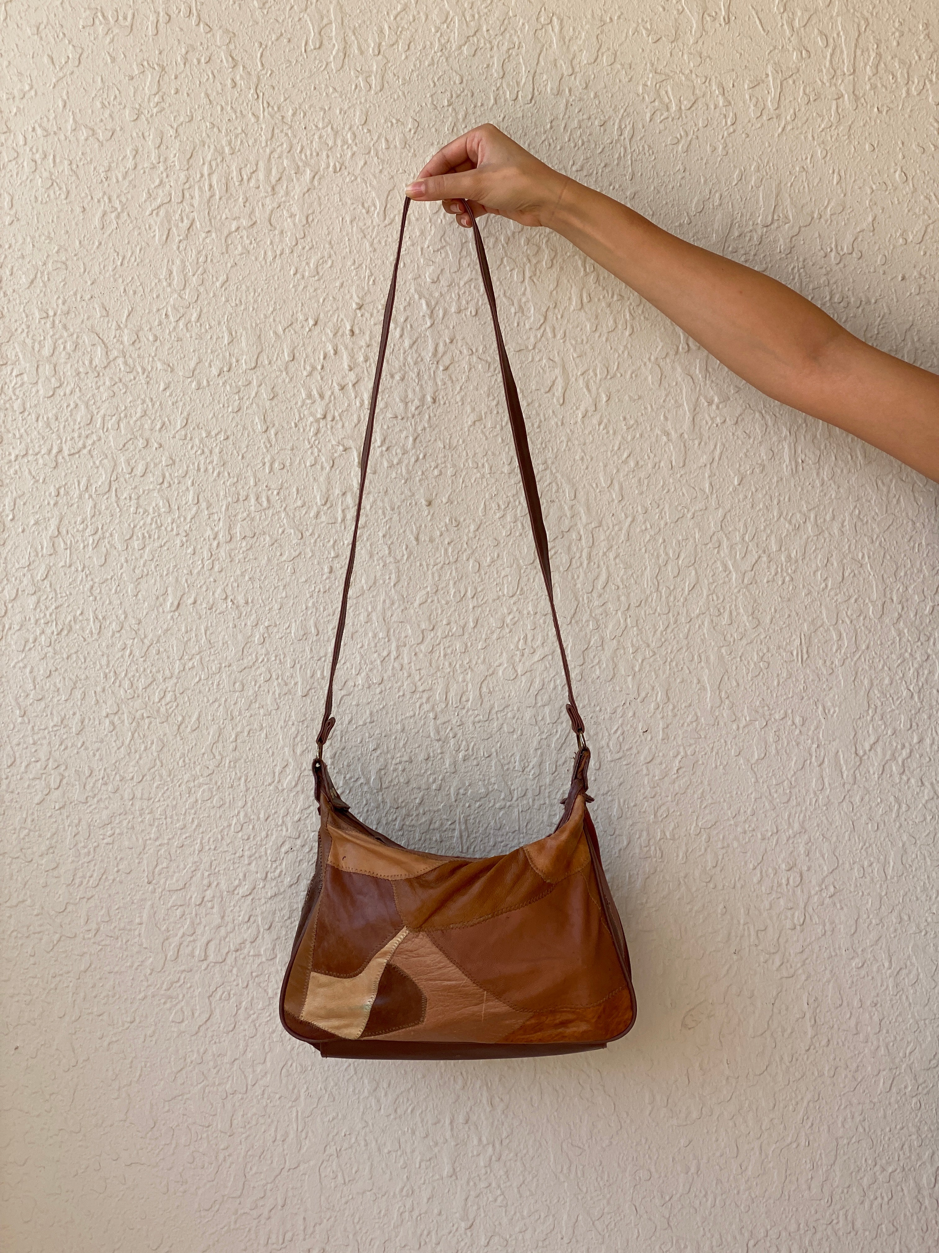 Vintage Brown & Tan Leather Purse Patchwork Crossbody Bag