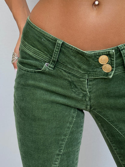 Vintage Y2K Wet Seal Forest Green Corduroy Low Rise Flare Pants - 34EUR