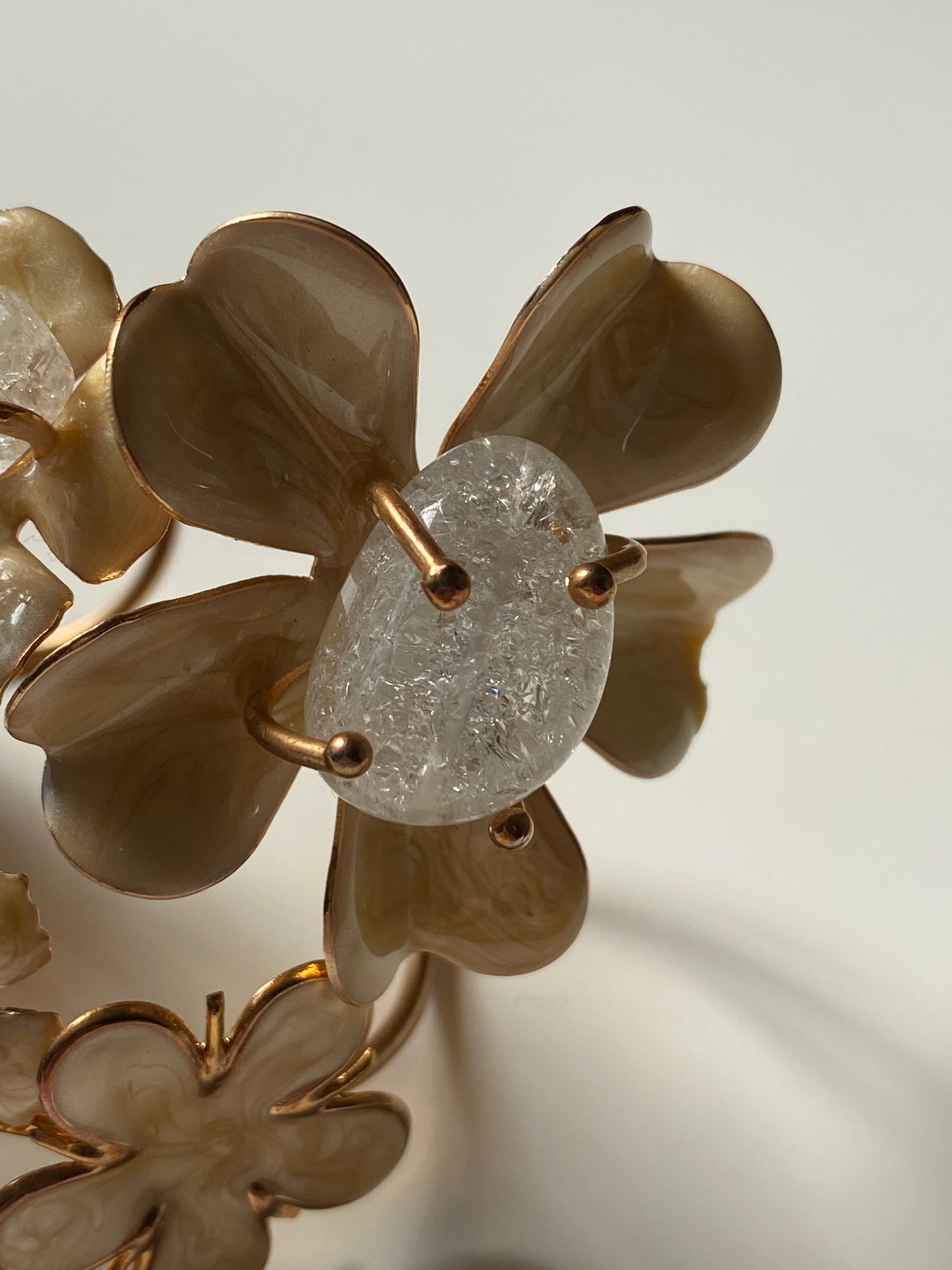 Vintage Floral Statement Bracelet with Enamel Petals & Crackle Glass Stones