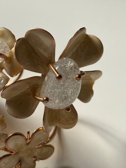 Vintage Floral Statement Bracelet with Enamel Petals & Crackle Glass Stones
