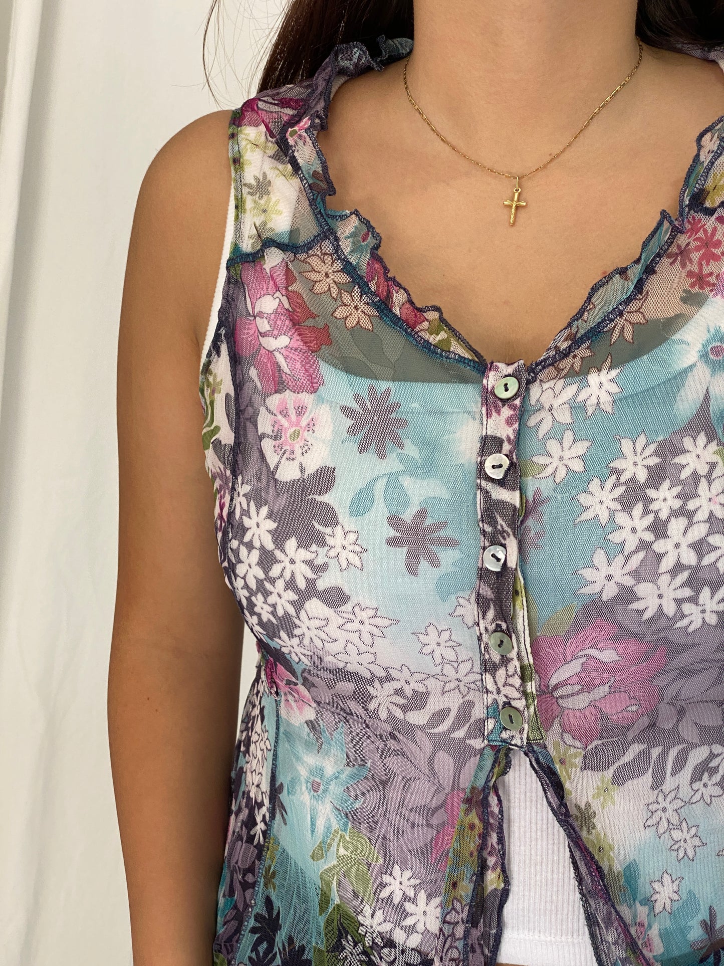 Vintage Y2K Tredy Blue Multicolor Floral Mesh Ruffle Tunic Top - M