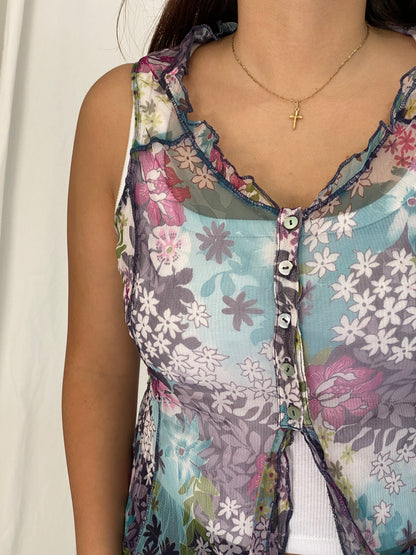 Vintage Y2K Tredy Blue Multicolor Floral Mesh Ruffle Tunic Top - M