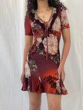 2000s Y2K Just Cavalli by Roberto Cavalli Orange Purple Floral Ruffled Neckline Short Dress - S