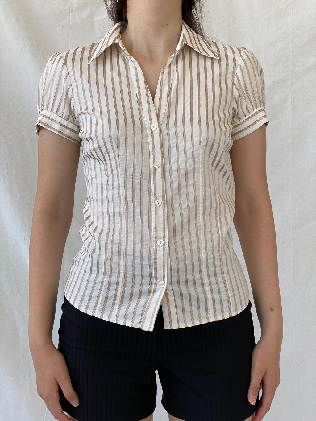 Vintage Y2K Naf Naf Beige White Gold Stitching Striped Officecore Shirt - M