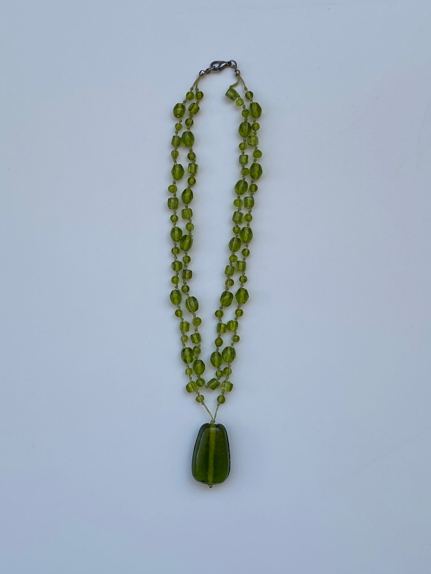 Vintage Green Glass Bead Double Strand Necklace with Statement Pendant Y2K Boho Jewelry